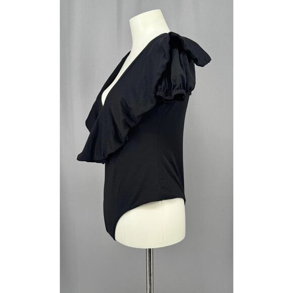 Susana Monaco Bodysuit Womens Medium Black Ruffle Deep V Puff Sleeve Made USA - Picture 4 of 8